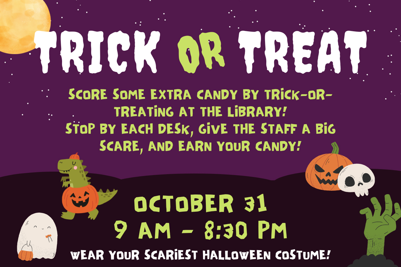 Kids are welcome to wear costumes and trick or treat at the desks in the library on Thursday, October 31.