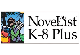 NoveList K-8 Plus logo featuring an illustration of a child reading under a tree.