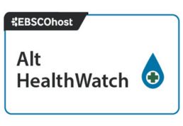 The image is a logo for EBSCOhost's Alt HealthWatch. It features the EBSCOhost logo in the top left corner, and the text "Alt HealthWatch" in the center. To the right of the text is a blue drop icon with a white cross inside a green circle.