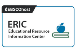 The image is a logo for EBSCOhost's ERIC. It features the EBSCOhost logo in the top left corner, and the text "ERIC" in the center. To the right of the text is a blue apple icon on top of a green book.