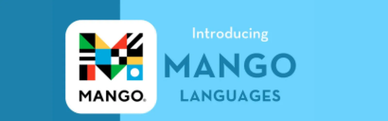 Mango Languages Logo on Two Tone Blue Background